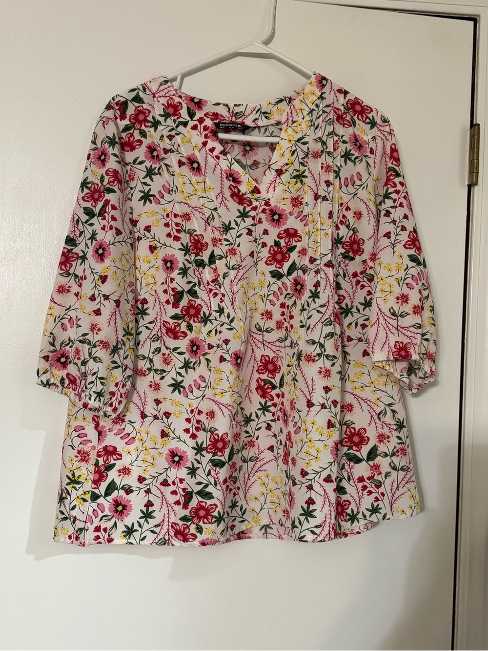BloomChic White Floral Pintuck Blouse — Pink, Red & Yellow Print